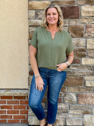 Olive Woven Airflow Short Sleeve Split Neck Top
