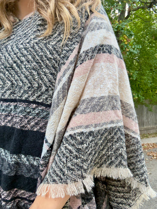 Black, Cream, Blush Plaid Hooded Poncho