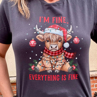 I'm Fine Highland Cow Christmas Tee