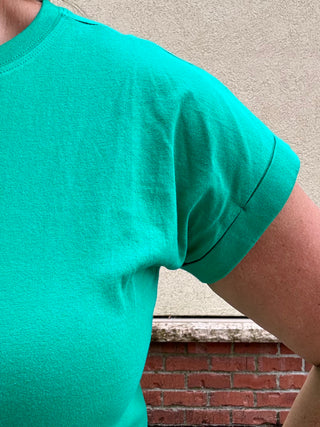 Kelly Green  Round Neck Folded Sleeve Tee