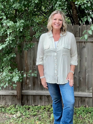 Light Olive Striped Collard Light Weight Button Down Top