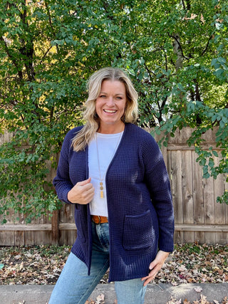 Navy Waffle Knit Open Cardigan Sweater