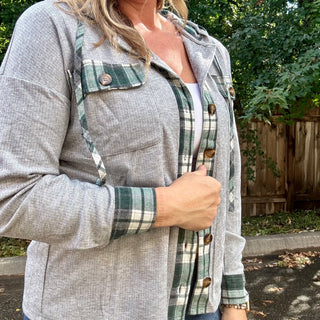 Grey Hooded Shacket with Plaid Details