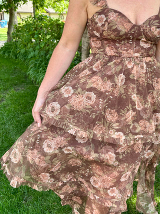 Floral Chiffon Ruffle Tiered Corset Midi Dress