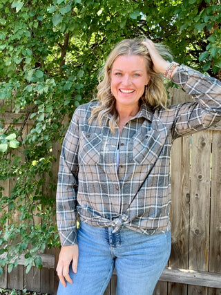 Soft Gray, Tan, White Stretch Plaid Button Up