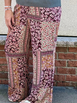 Printed Wide Leg Pant with Floral Color Block Print