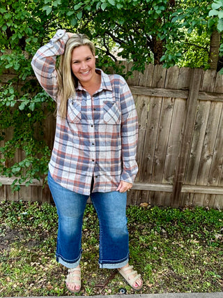Blue, Blush, Tan Stretch Plaid Button Up