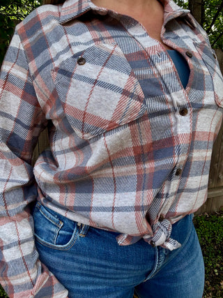 Blue, Blush, Tan Stretch Plaid Button Up