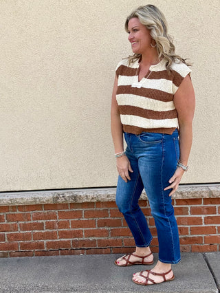 Camel Split Neck Sleeveless Stripe Sweater