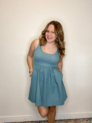 Blue Grey Knit/Woven Dress with Pockets