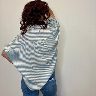 Oversized Teal Striped Button Down Short Sleeve