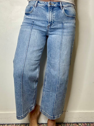 Risen Mid Rise Crop Wide Leg Pintuck Detail Jeans