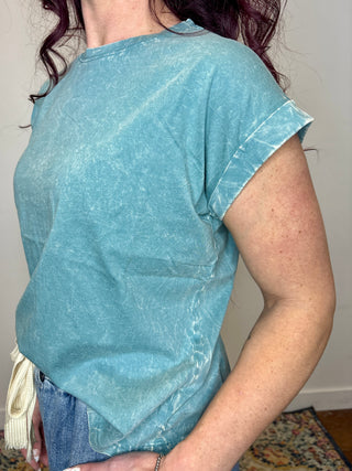 Blue Crinke Washed Folded Sleeve Tee