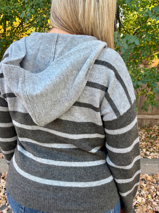 Charcoal Striped Button Down Hooded Cardigan