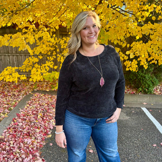 Black Round Neck Waffle Knit Sweater