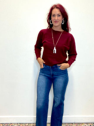 Dark Burgundy Front Seam Round-Neck Sweater