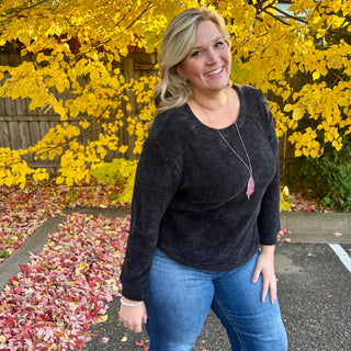 Black Round Neck Waffle Knit Sweater