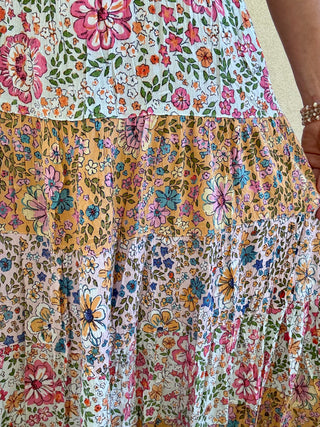 Multi Floral Tiered Smocked Waist Maxi Skirt
