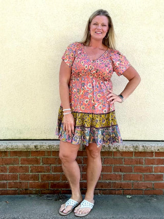 Short Sleeve Floral Smocked Bodice Dress