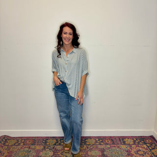 Oversized Teal Striped Button Down Short Sleeve