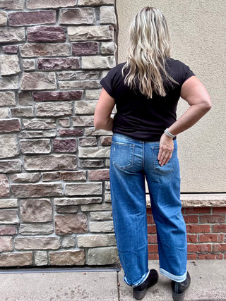 Risen Mid Rise Barrel Double Roll Up Stretch Jeans