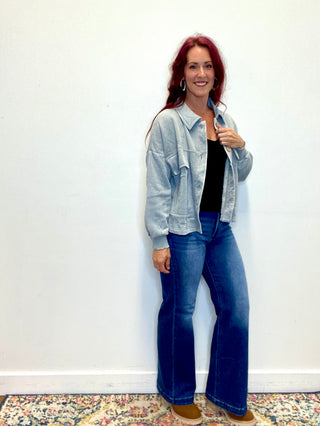 Gray Acid Washed Fleece Shacket with Front Pockets