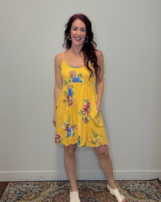 Yellow Flower Print Mini Tank Dress
