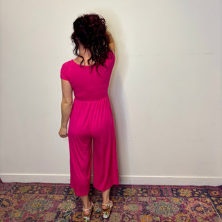 Hot Pink Double Layered Short Sleeve Jumpsuit