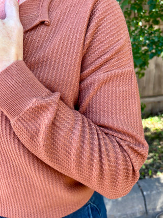 Rust Textured Split Neck Long Sleeve Top