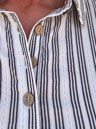 Stripe Collared Half Button Short Sleeve