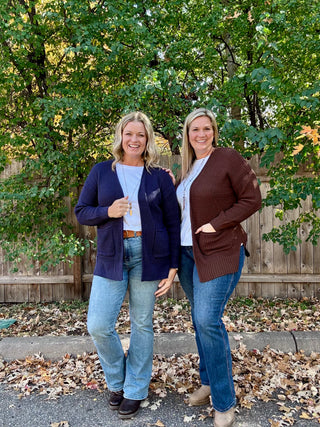 Navy Waffle Knit Open Cardigan Sweater
