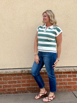 Jade Striped Collared Short Sleeve Sweater