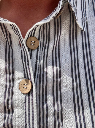 Stripe Collared Half Button Short Sleeve