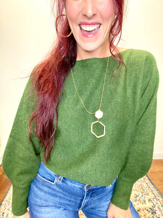 Dark Olive Boat Neck Balloon Sleeve Sweater