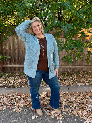 Blue Grey Long Sleeve Popcorn Sweater Cardigan with Pockets