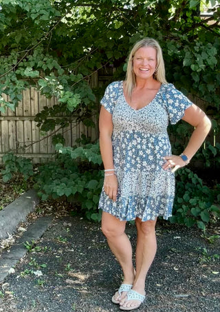 Short Sleeve Blue/White Floral Smocked Bodice Dress