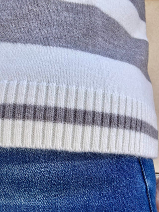 Grey Striped Collared Short Sleeve Sweater