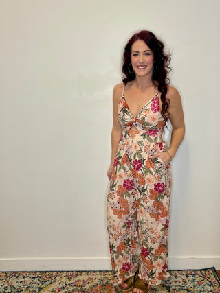 V-Neck Twist Front Floral Jumpsuit
