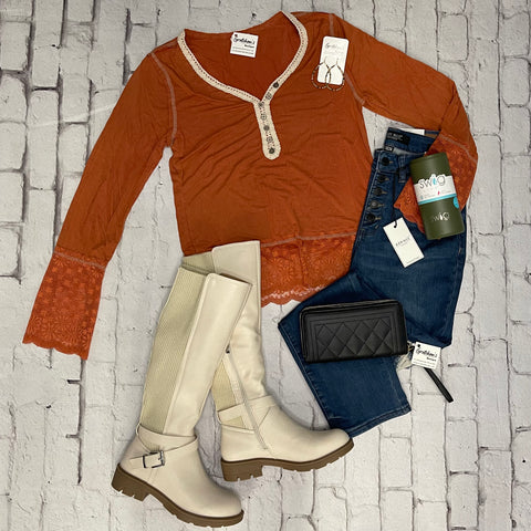 Burnt Orange Long Sleeve Top with Lace Accent