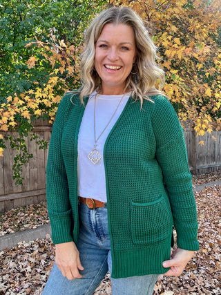 Hunter Green Waffle Knit Open Cardigan Sweater
