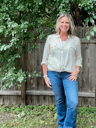 Light Olive Striped Collard Light Weight Button Down Top