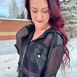 Black Button Up Hoodie Top