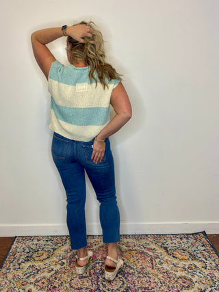 Split Neck Sleeveless Stripe Sweater