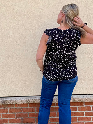 Daisy Flower Print Short Ruffle Sleeve Top