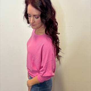 Pink Ribbed 3/4 Sleeve Dolman Top