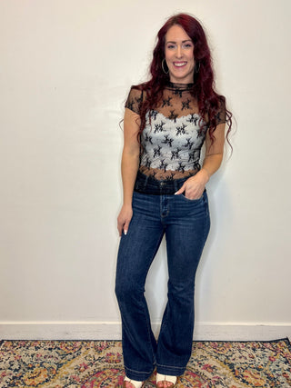 Black Short Sleeve Sheer Lace Top