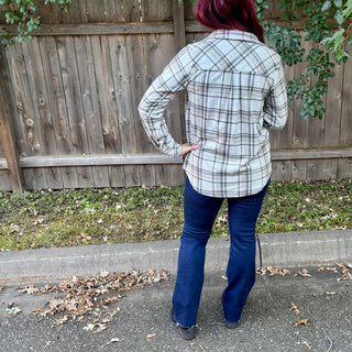 Taupe, Black, Tan Plaid Button Up