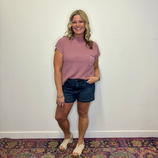 Light Rose Mock Neck Short Sleeve Sweater