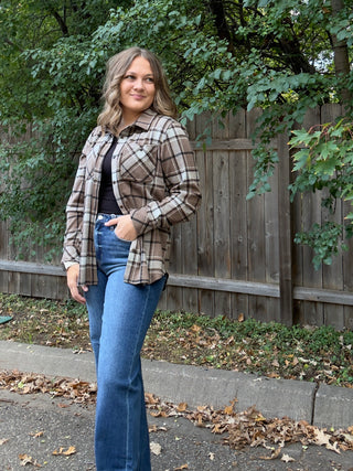 Light Brown, White, Black Stretch Plaid Button Up