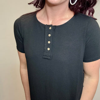 Black Short Sleeve Quarter Button Top